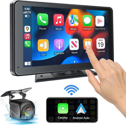 Portable Newest Wireless Apple CarPlay and Android Auto Screen for Car, 7" HD Touch Screen Car Stereo with Mirror Link, Bluetooth 5.2, Backup Camera, AUX,FM Transmitter for All Vehicles