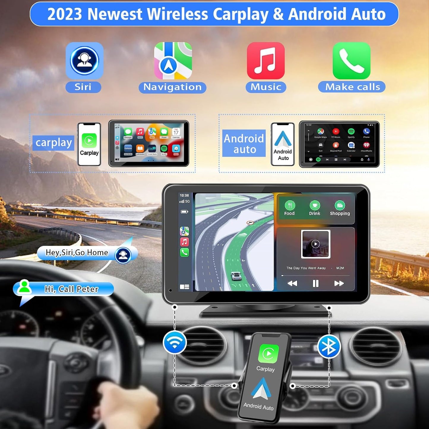 Portable Newest Wireless Apple CarPlay and Android Auto Screen for Car, 7" HD Touch Screen Car Stereo with Mirror Link, Bluetooth 5.2, Backup Camera, AUX,FM Transmitter for All Vehicles