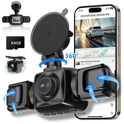 4 Channel Dash Cam, 4-Lens 360° All-Round Car Monitor | Built-in WiFi & Included 64GB Memory Card | HDR High Clarity Night Vision | Plug & Play, No Built-in Battery | Vehicle Security Car DVR