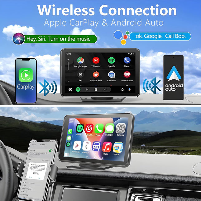 2025 Wireless CarPlay & Android Auto | 7" Portable Touchscreen Car Stereo with Bluetooth & AUX/FM