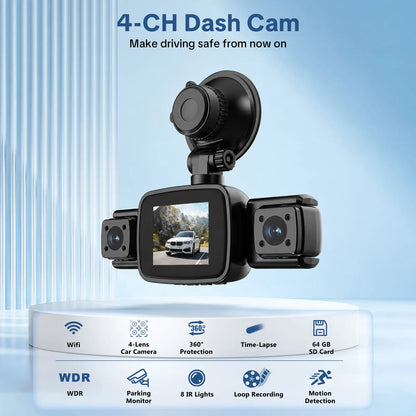 4 Channel Dash Cam, 4-Lens 360° All-Round Car Monitor | Built-in WiFi & Included 64GB Memory Card | HDR High Clarity Night Vision | Plug & Play, No Built-in Battery | Vehicle Security Car DVR