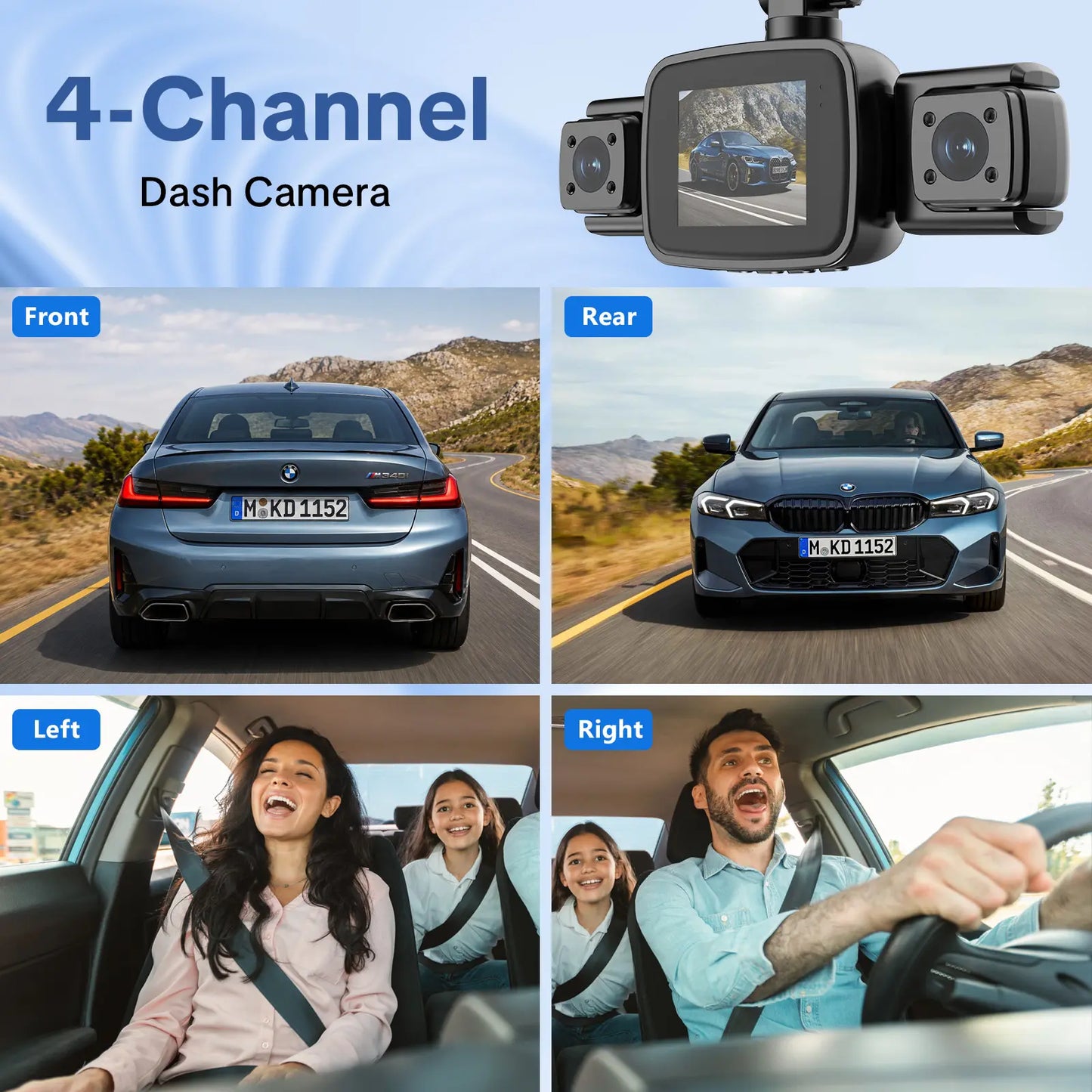 4 Channel Dash Cam, 4-Lens 360° All-Round Car Monitor | Built-in WiFi & Included 64GB Memory Card | HDR High Clarity Night Vision | Plug & Play, No Built-in Battery | Vehicle Security Car DVR
